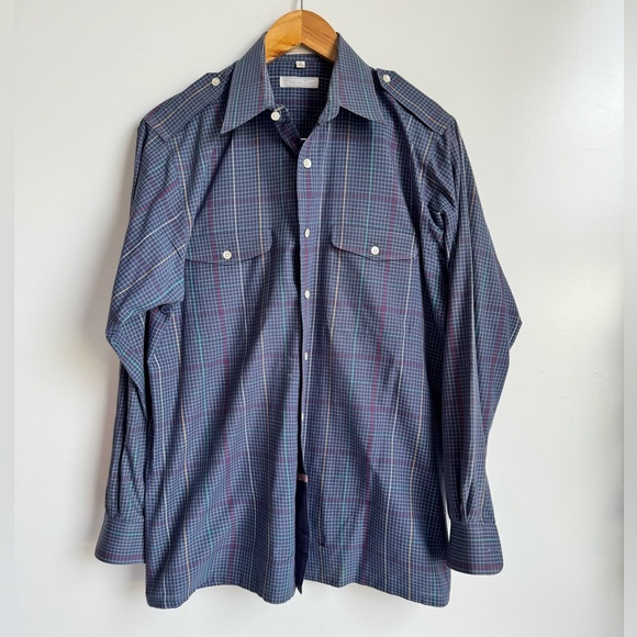 VINTAGE Christian Dior Men Medium long sleeve dress shirt Blue plaid epaulettes